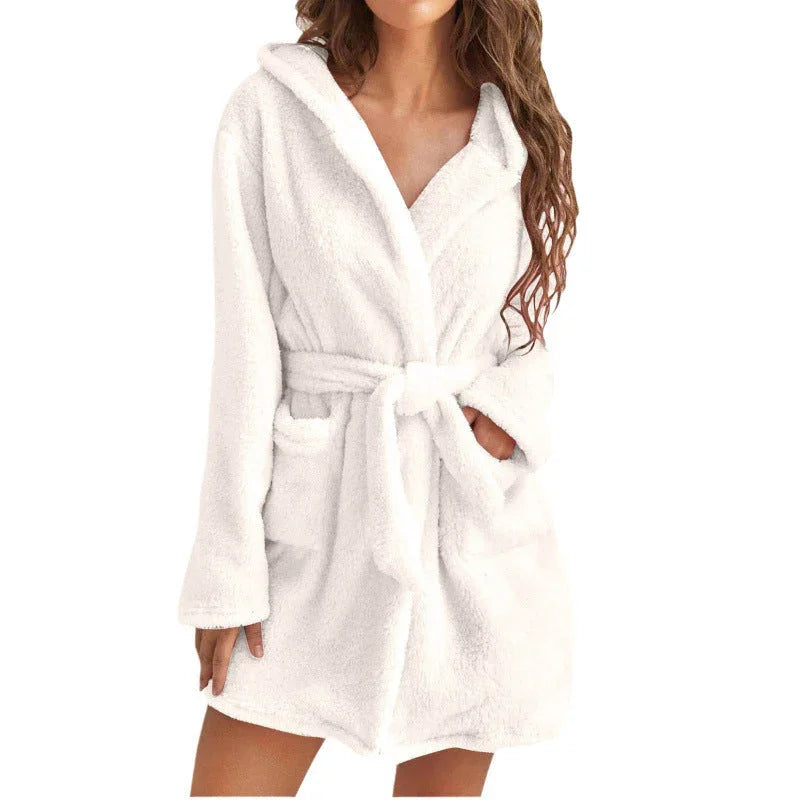 Badjas dames | Zwarte fleece kamerjas met capuchon en ceintuur