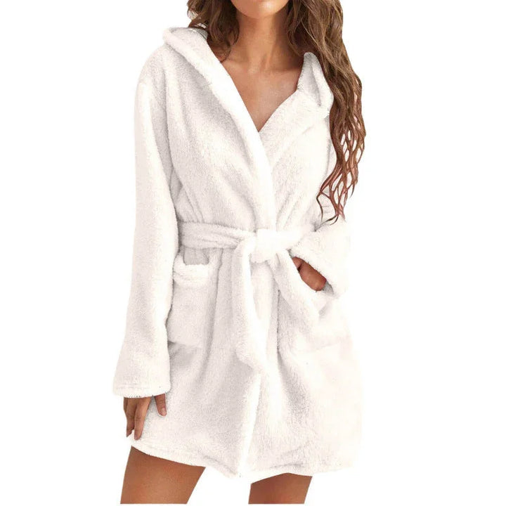 Badjas dames | Zwarte fleece kamerjas met capuchon en ceintuur
