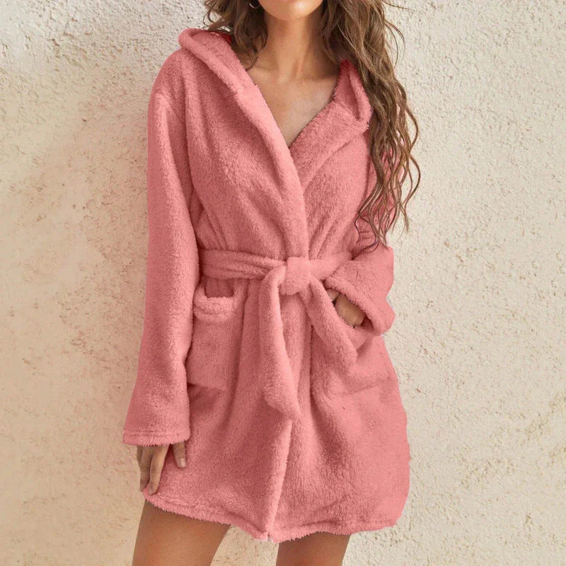 Badjas dames | Zwarte fleece kamerjas met capuchon en ceintuur