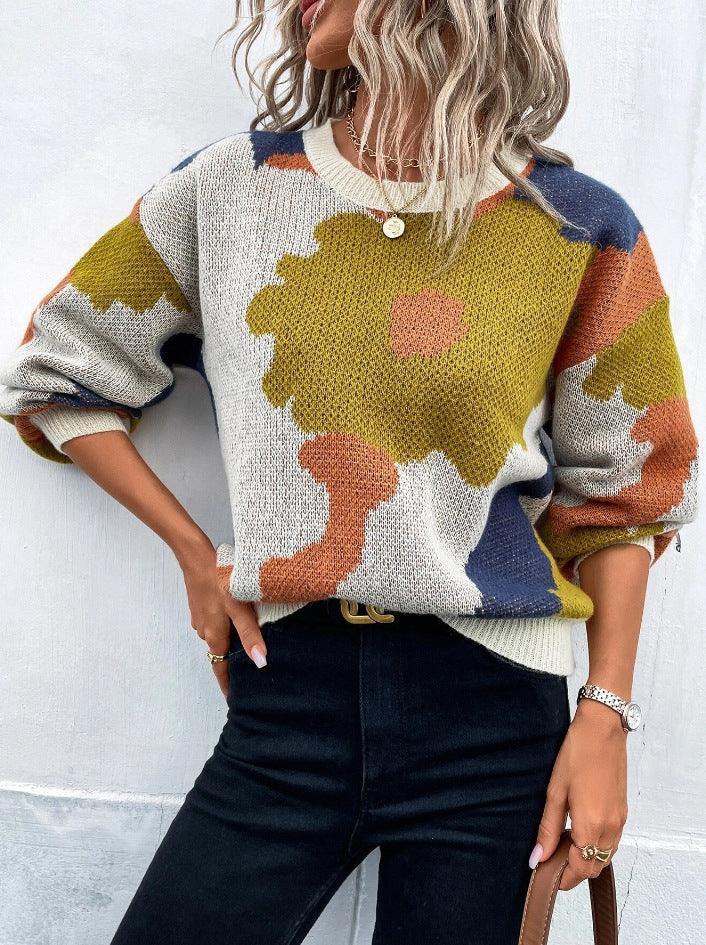 Dames trui | Beige sweater met bloemenprint en ronde hals