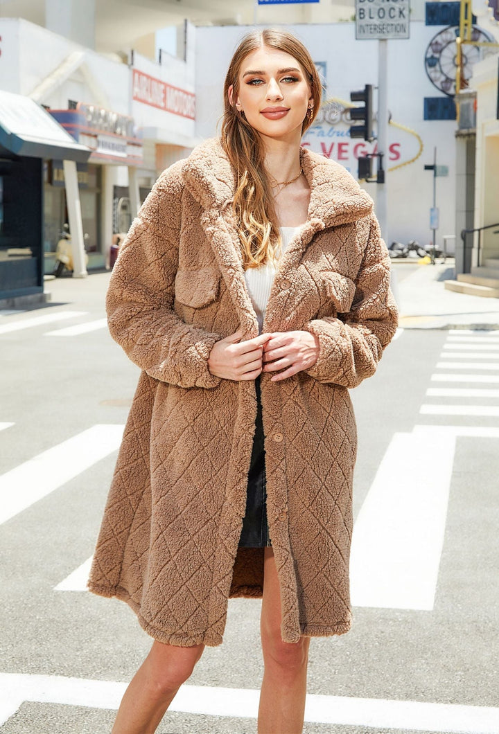 Lange Teddy Jas Dames – Zachte Fleece, Grote Kraag, Doorgestikt – Winterjas