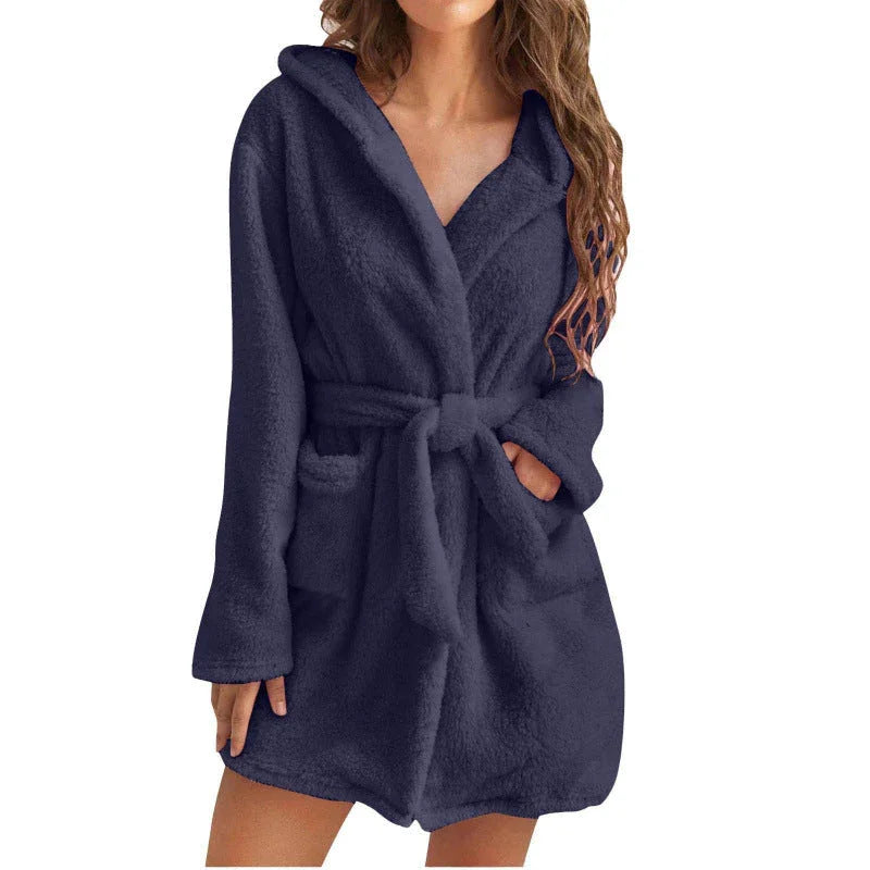 Badjas dames | Zwarte fleece kamerjas met capuchon en ceintuur