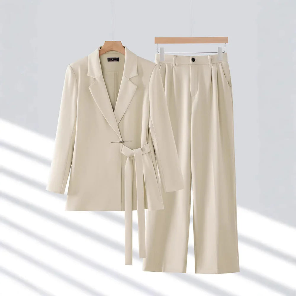 Dames blazer set | Roze tailored fit met ceintuur en wijde pantalon