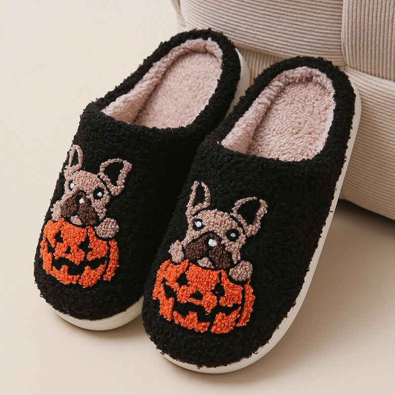 Pumpkin Pup Pantoffels | Warme dames sloffen met hond en pompoenprint
