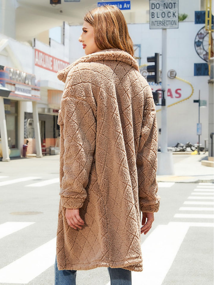 Lange Teddy Jas Dames – Zachte Fleece, Grote Kraag, Doorgestikt – Winterjas