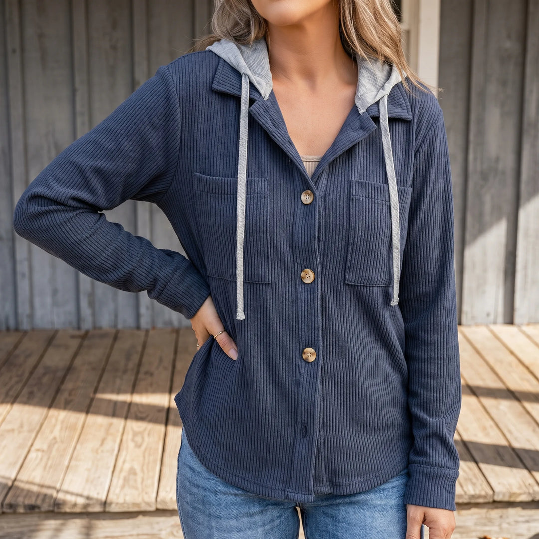 Overshirt dames | Ribstructuur met capuchon en knoopsluiting
