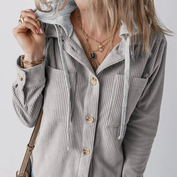 Overshirt dames | Ribstructuur met capuchon en knoopsluiting