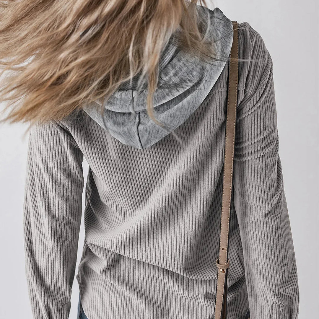 Overshirt dames | Ribstructuur met capuchon en knoopsluiting
