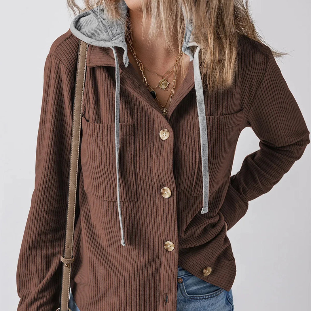 Overshirt dames | Ribstructuur met capuchon en knoopsluiting