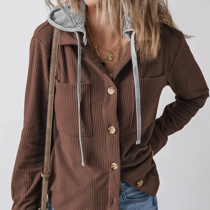 Overshirt dames | Ribstructuur met capuchon en knoopsluiting
