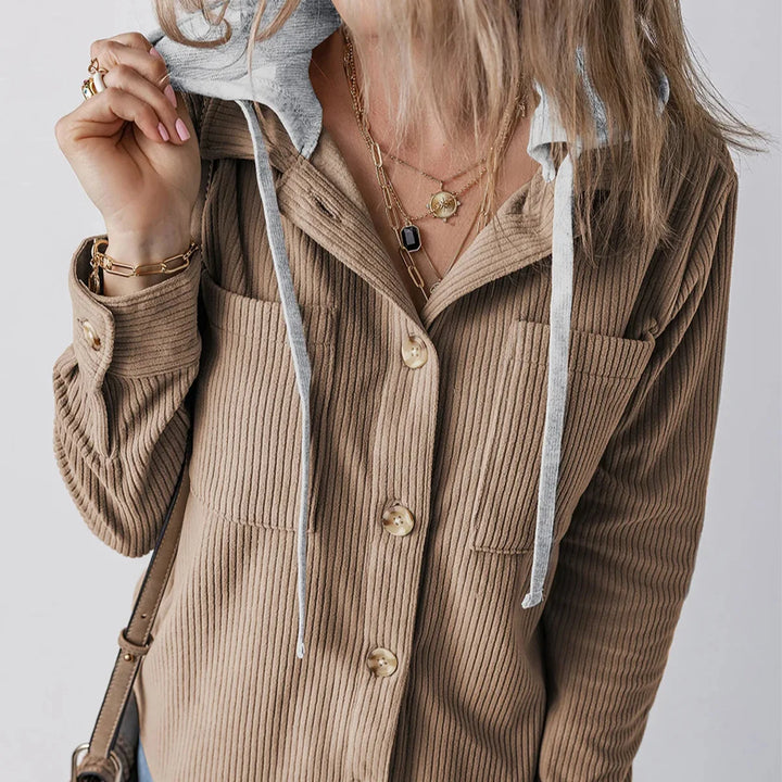 Overshirt dames | Ribstructuur met capuchon en knoopsluiting