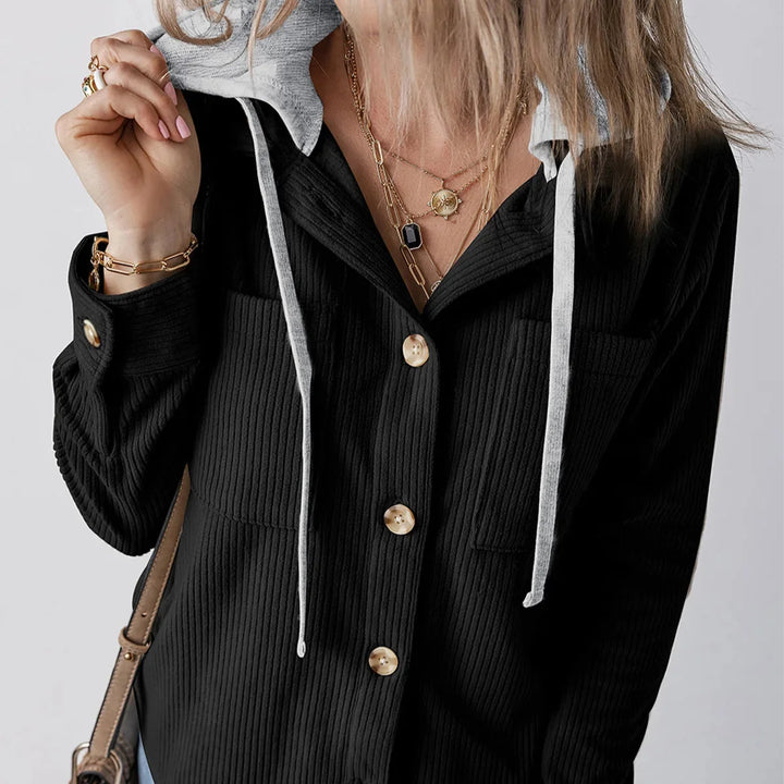 Overshirt dames | Ribstructuur met capuchon en knoopsluiting