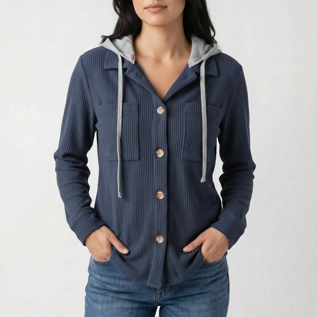 Overshirt dames | Ribstructuur met capuchon en knoopsluiting