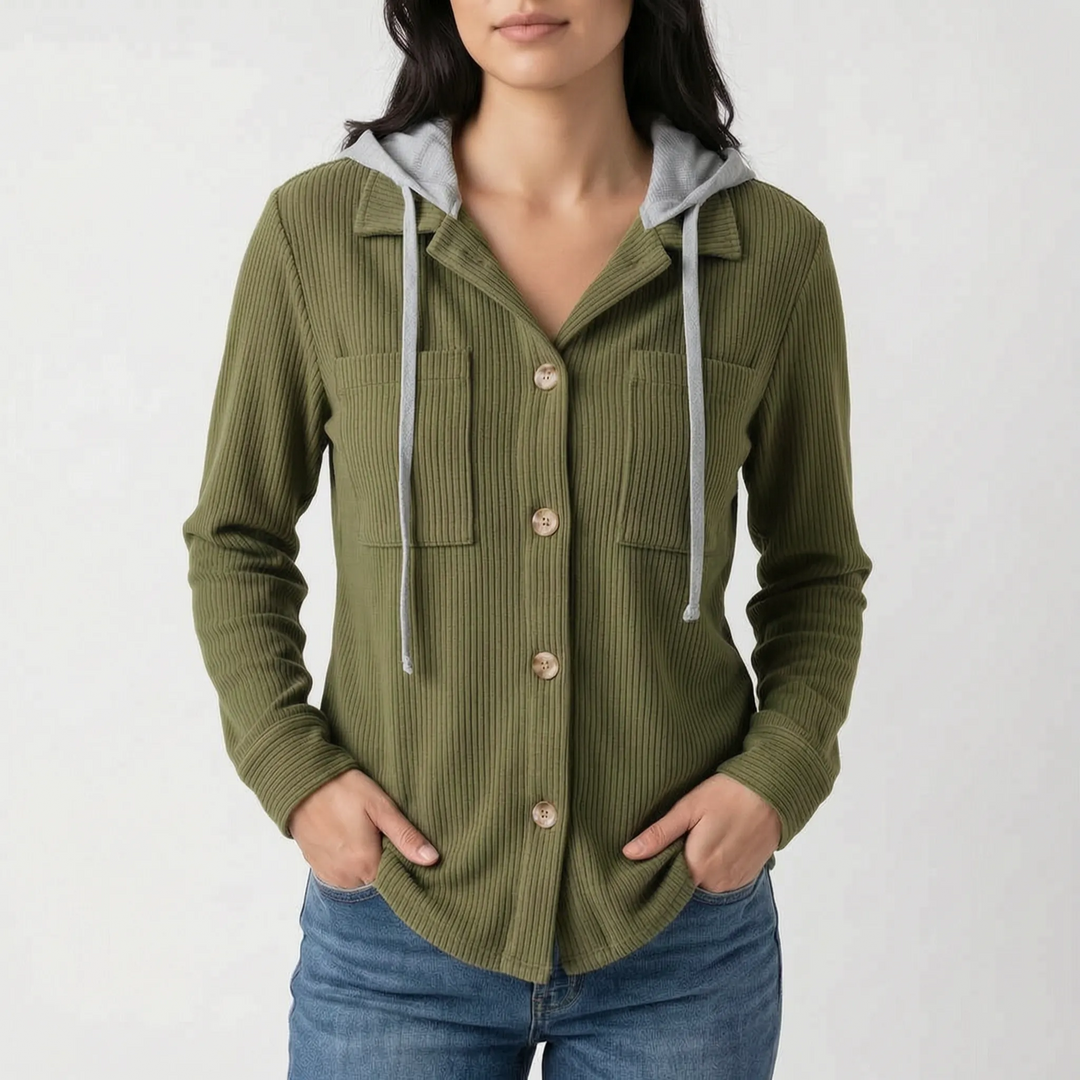 Overshirt dames | Ribstructuur met capuchon en knoopsluiting