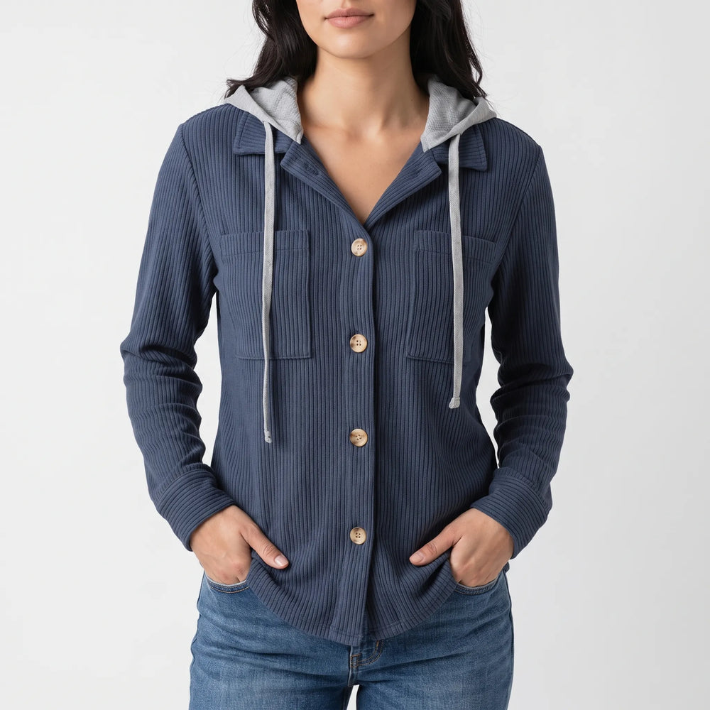 Overshirt dames | Ribstructuur met capuchon en knoopsluiting