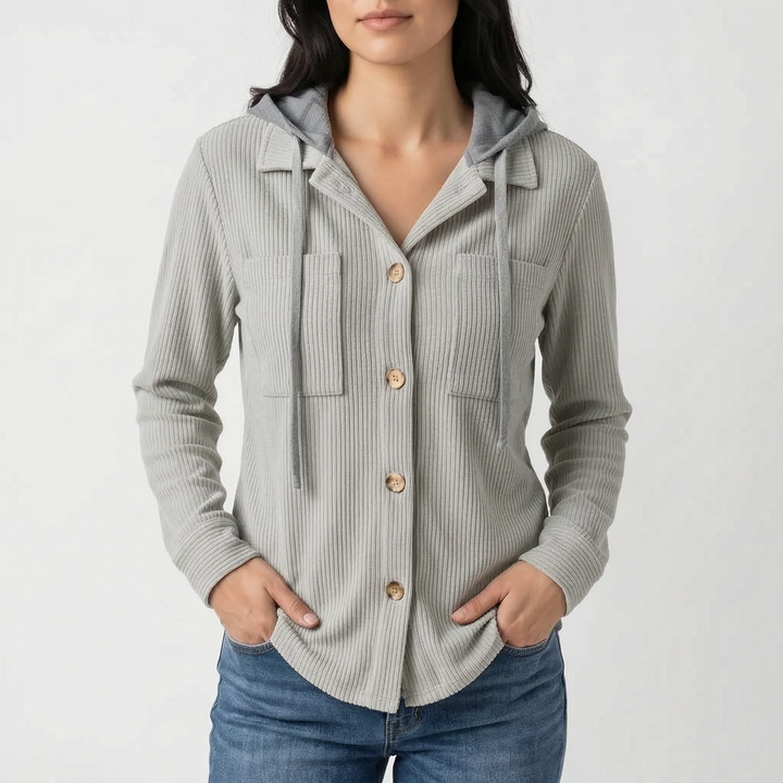 Overshirt dames | Ribstructuur met capuchon en knoopsluiting