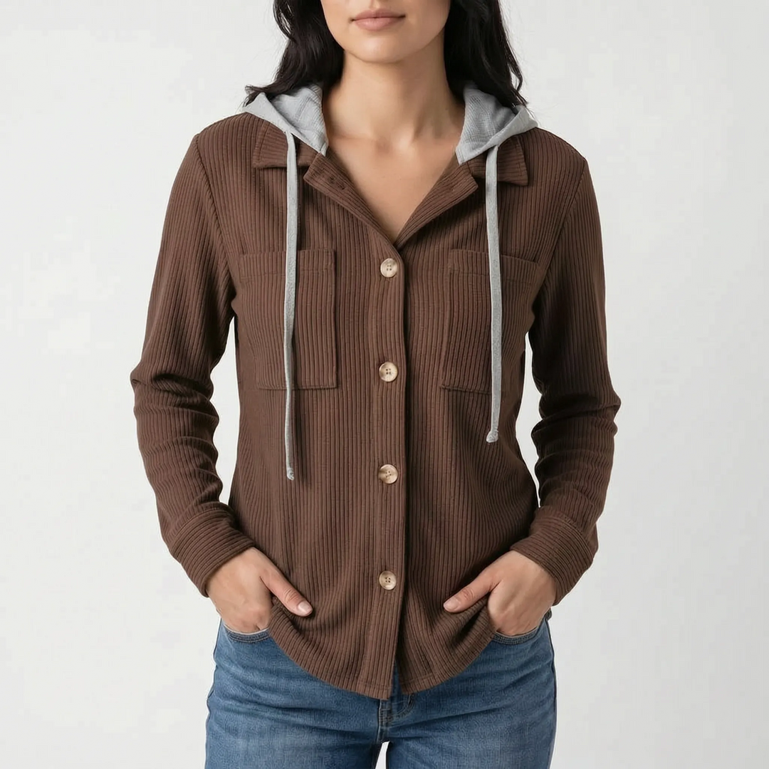 Overshirt dames | Ribstructuur met capuchon en knoopsluiting
