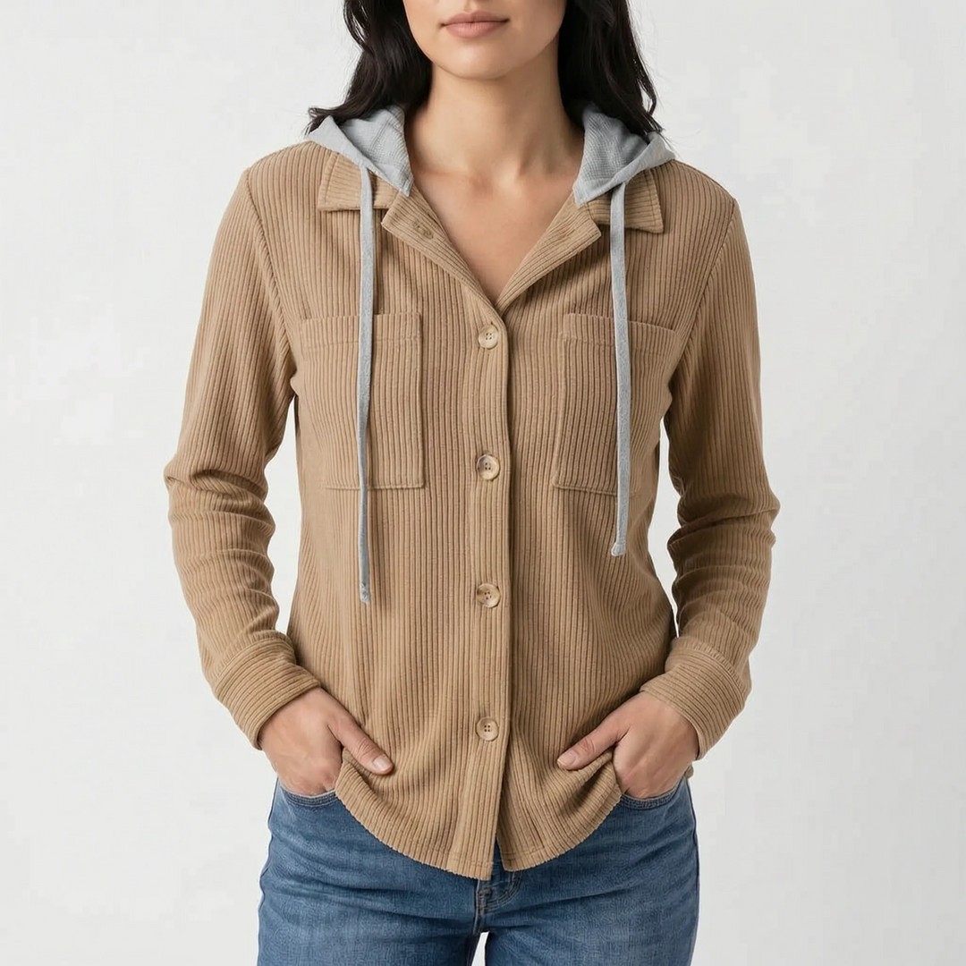 Overshirt dames | Ribstructuur met capuchon en knoopsluiting