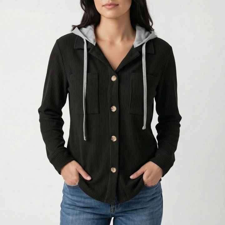 Overshirt dames | Ribstructuur met capuchon en knoopsluiting