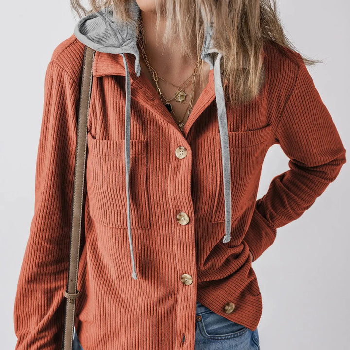Overshirt dames | Ribstructuur met capuchon en knoopsluiting