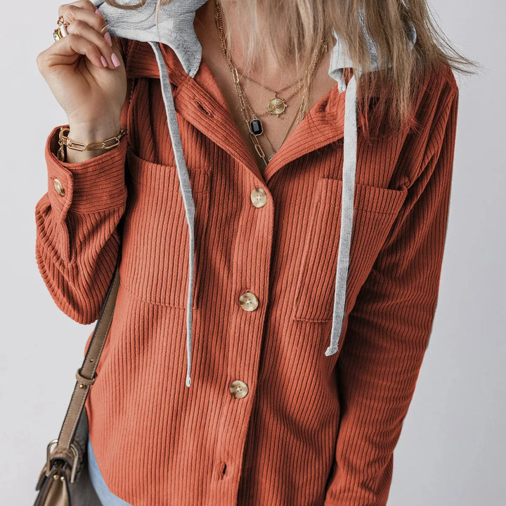 Overshirt dames | Ribstructuur met capuchon en knoopsluiting
