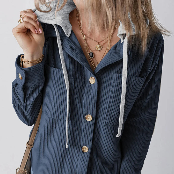 Overshirt dames | Ribstructuur met capuchon en knoopsluiting