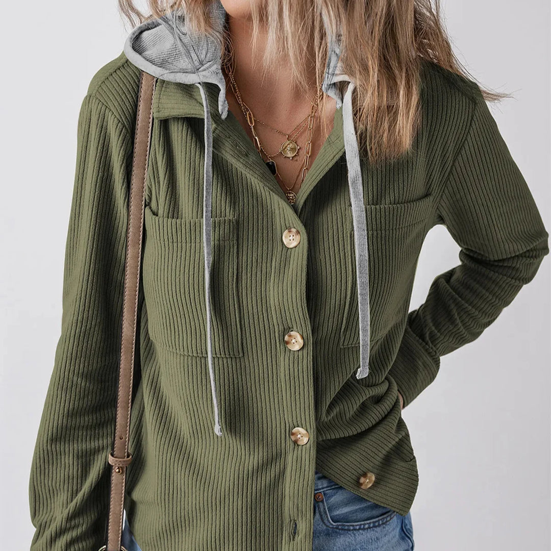 Overshirt dames | Ribstructuur met capuchon en knoopsluiting
