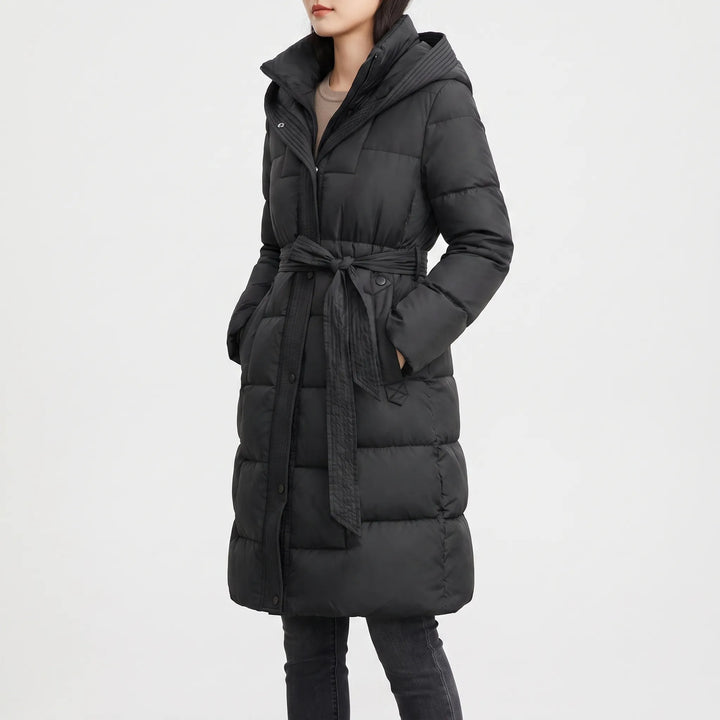 Puffer jas dames | Lange gewatteerde jas met capuchon en ceintuur