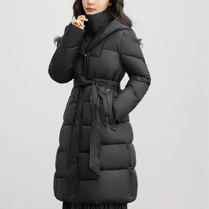 Puffer jas dames | Lange gewatteerde jas met capuchon en ceintuur