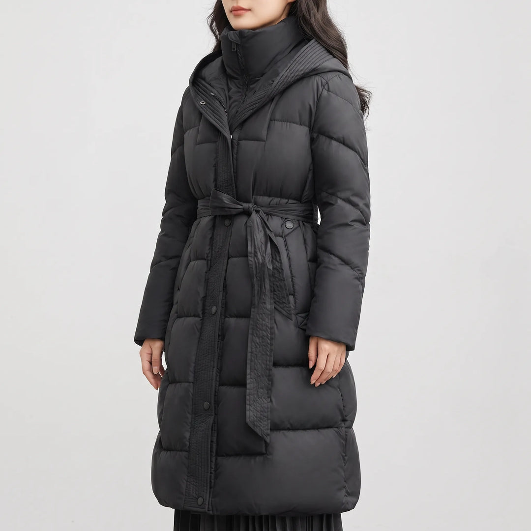 Puffer jas dames | Lange gewatteerde jas met capuchon en ceintuur