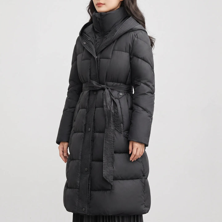Puffer jas dames | Lange gewatteerde jas met capuchon en ceintuur