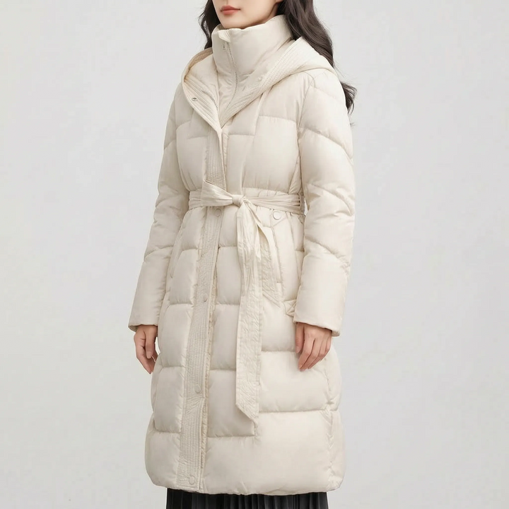 Puffer jas dames | Lange gewatteerde jas met capuchon en ceintuur