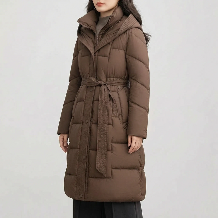 Puffer jas dames | Lange gewatteerde jas met capuchon en ceintuur