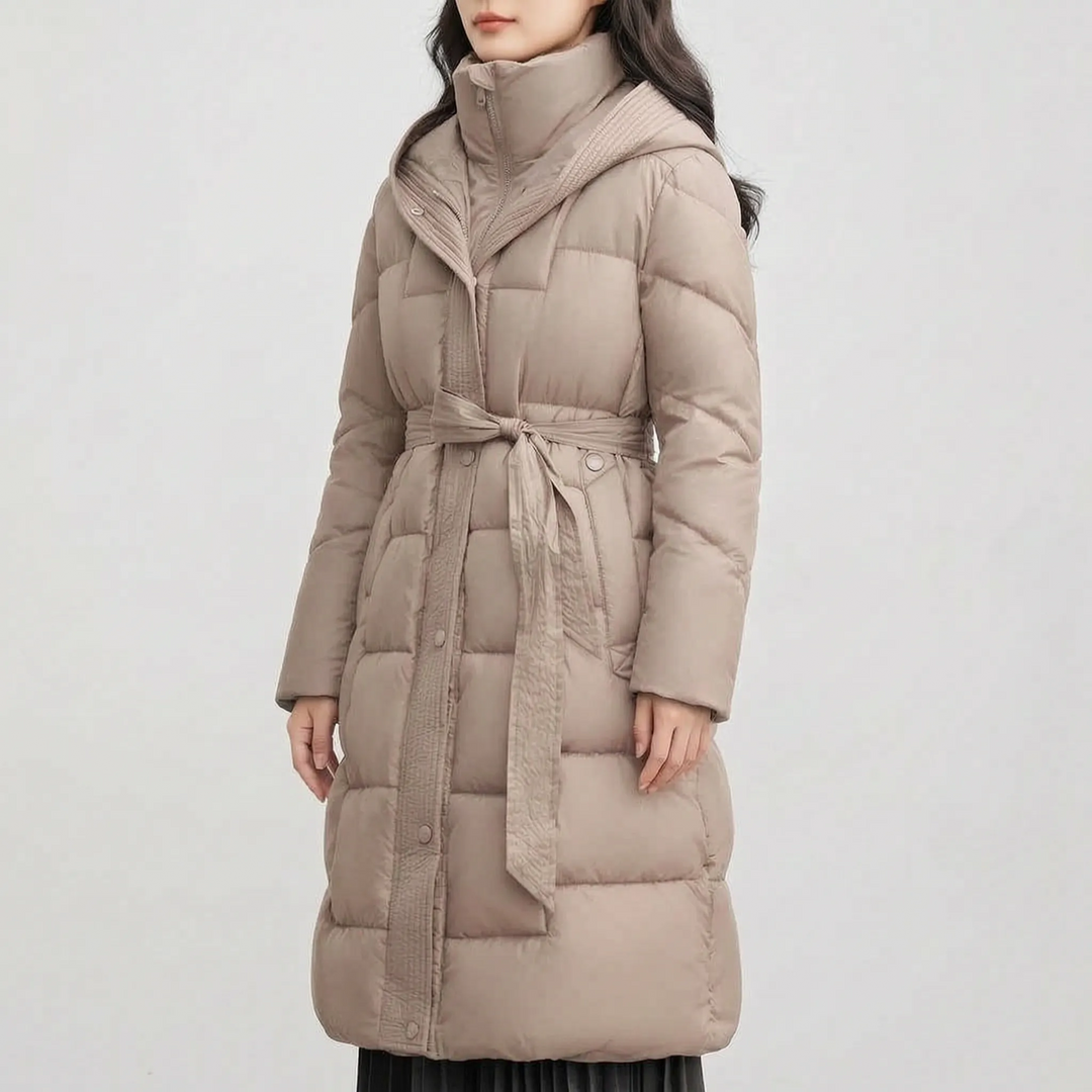 Puffer jas dames | Lange gewatteerde jas met capuchon en ceintuur