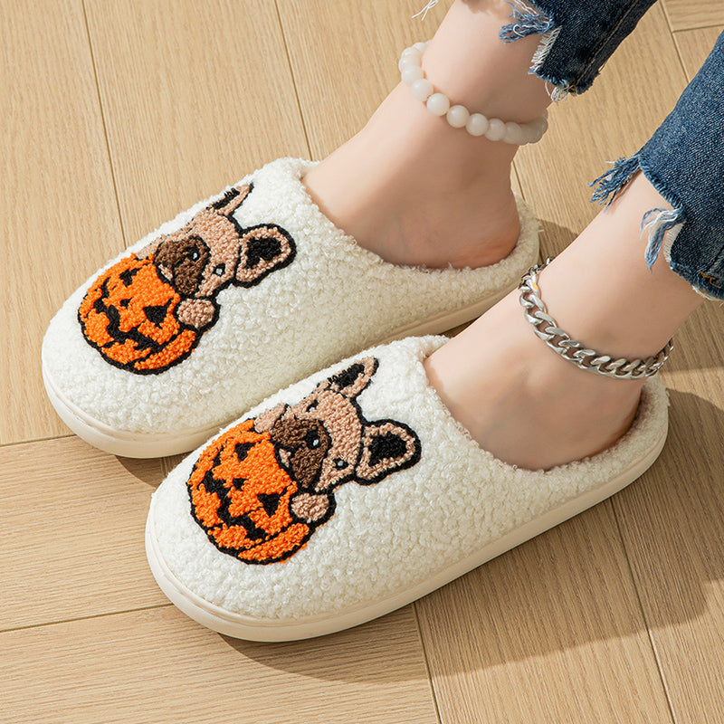 Pumpkin Pup Pantoffels | Warme dames sloffen met hond en pompoenprint