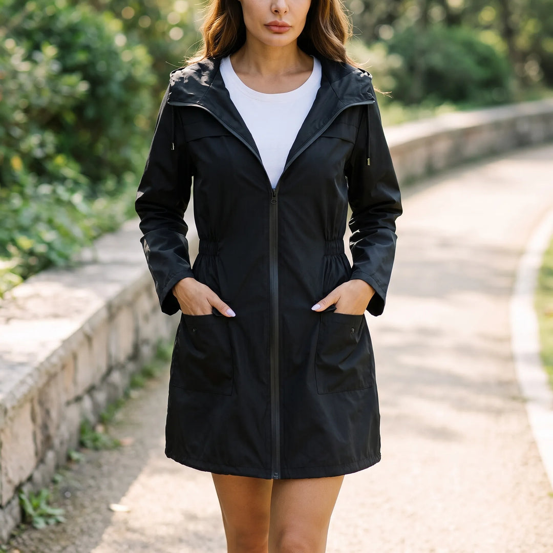 Regenjas dames | Lange jas met capuchon en taillekoord