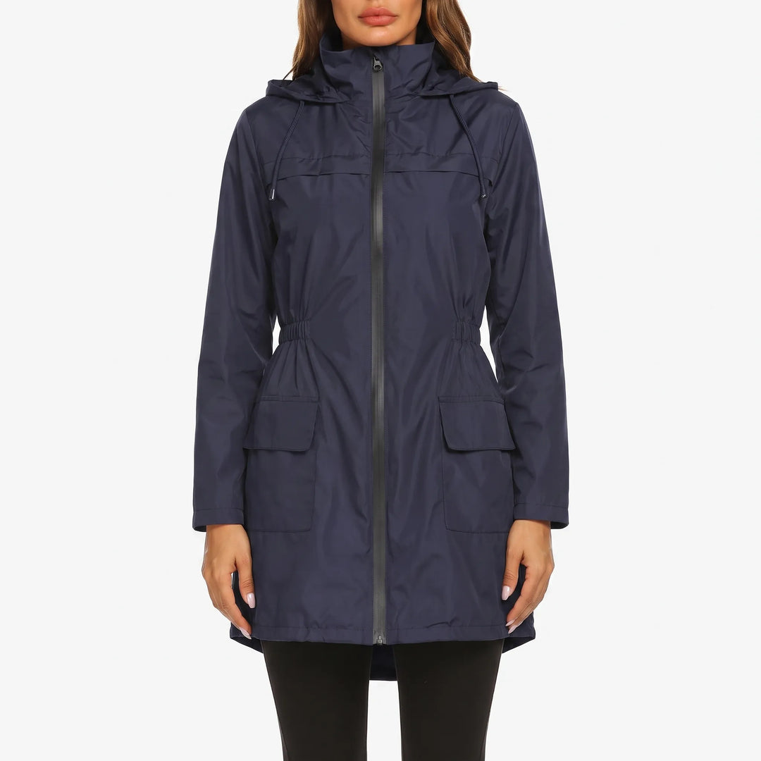 Regenjas dames | Lange jas met capuchon en taillekoord