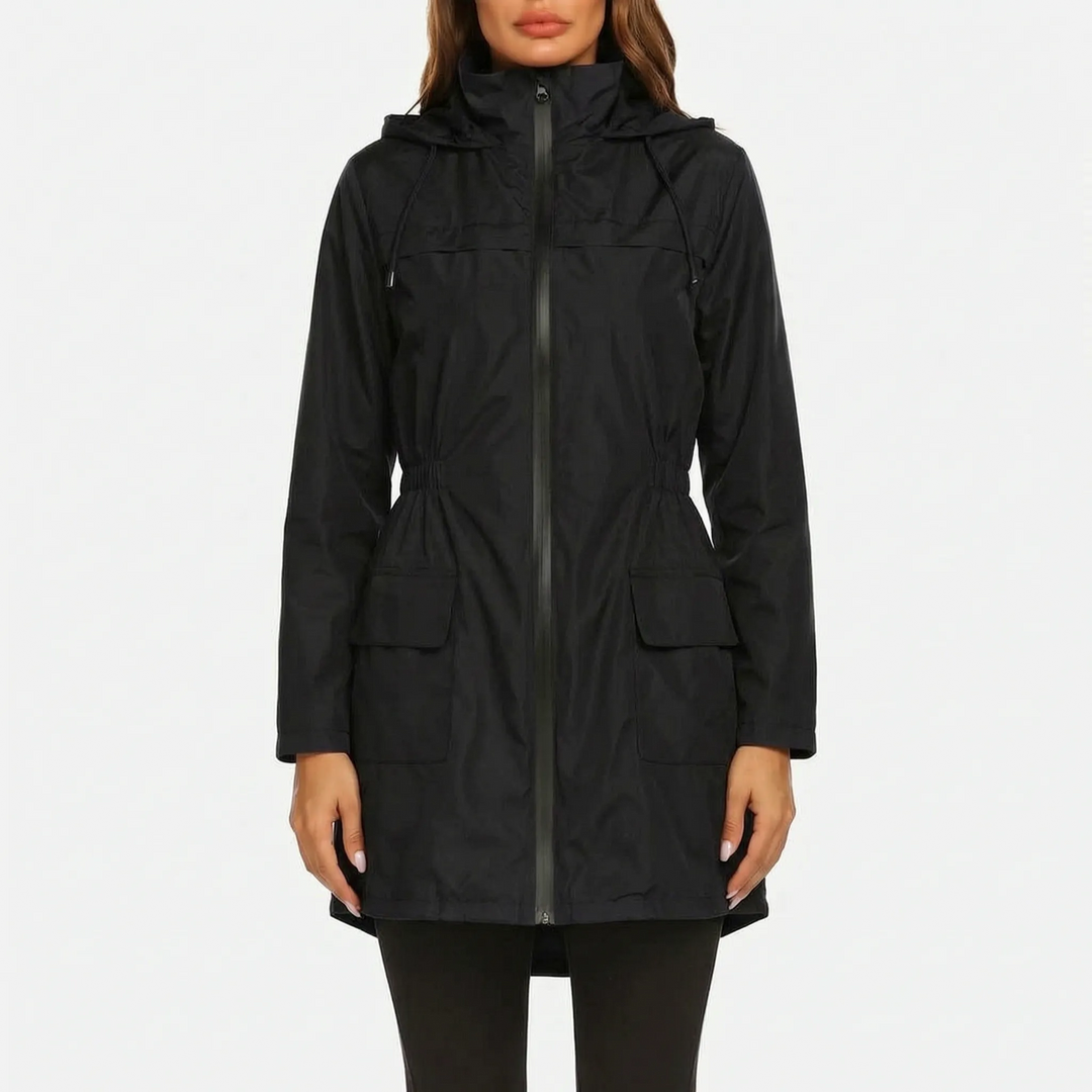 Regenjas dames | Lange jas met capuchon en taillekoord