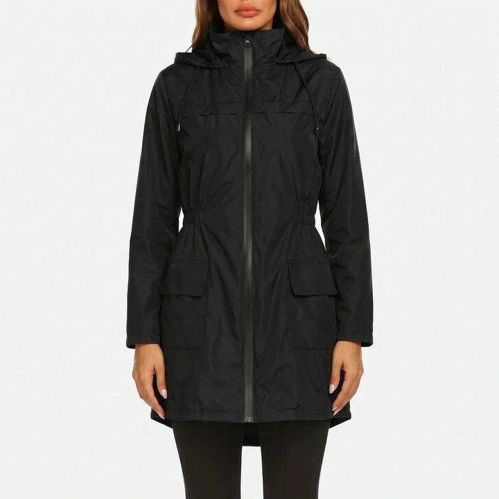 Regenjas dames | Lange jas met capuchon en taillekoord