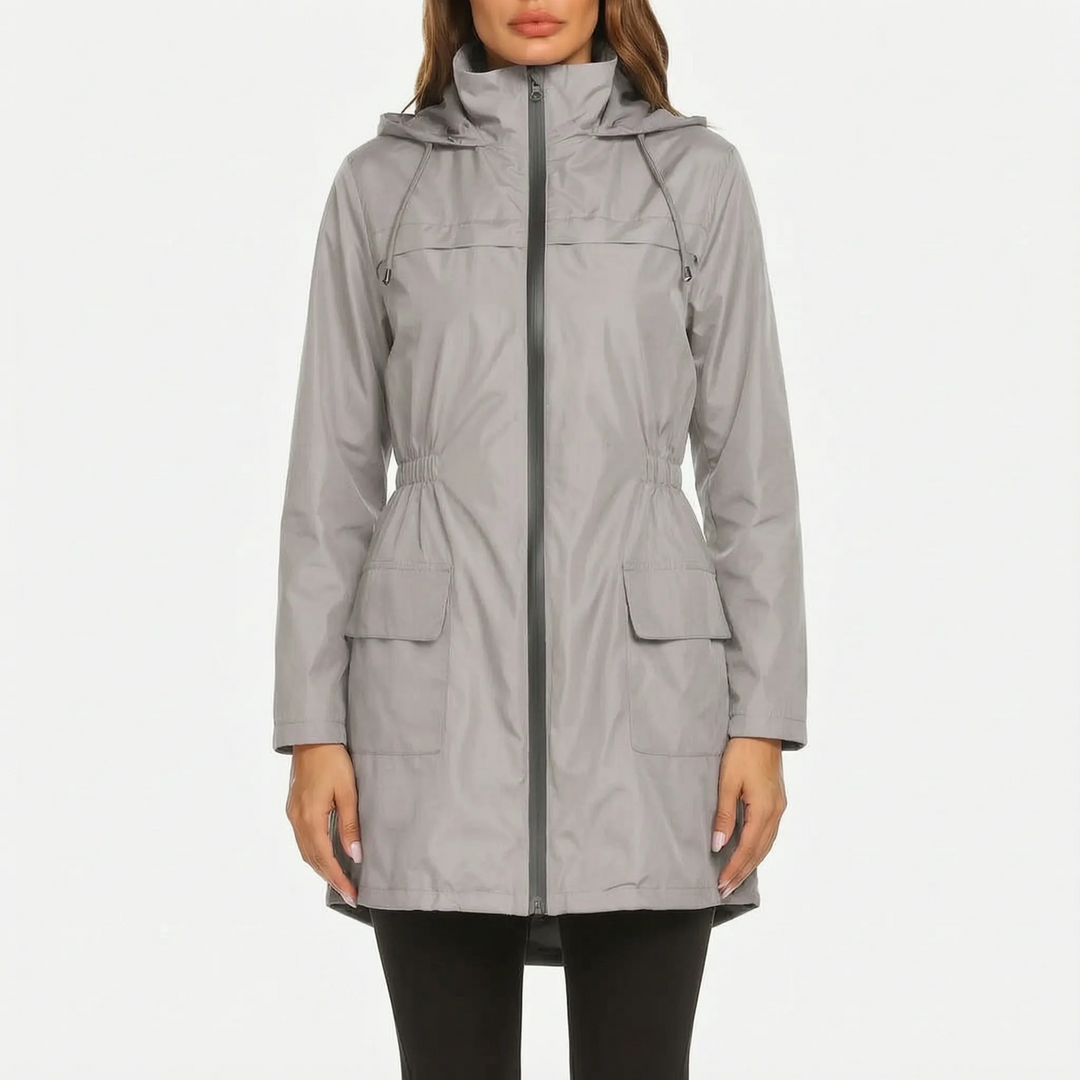 Regenjas dames | Lange jas met capuchon en taillekoord