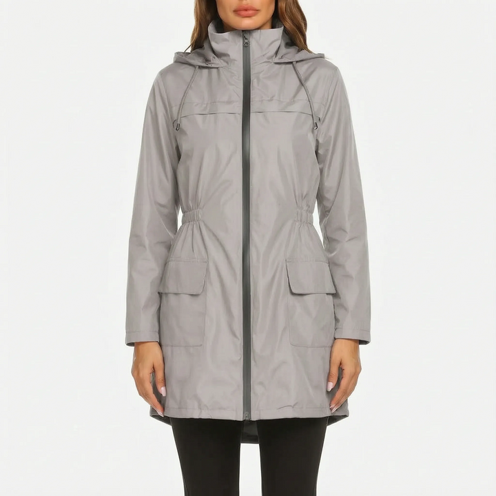 Regenjas dames | Lange jas met capuchon en taillekoord