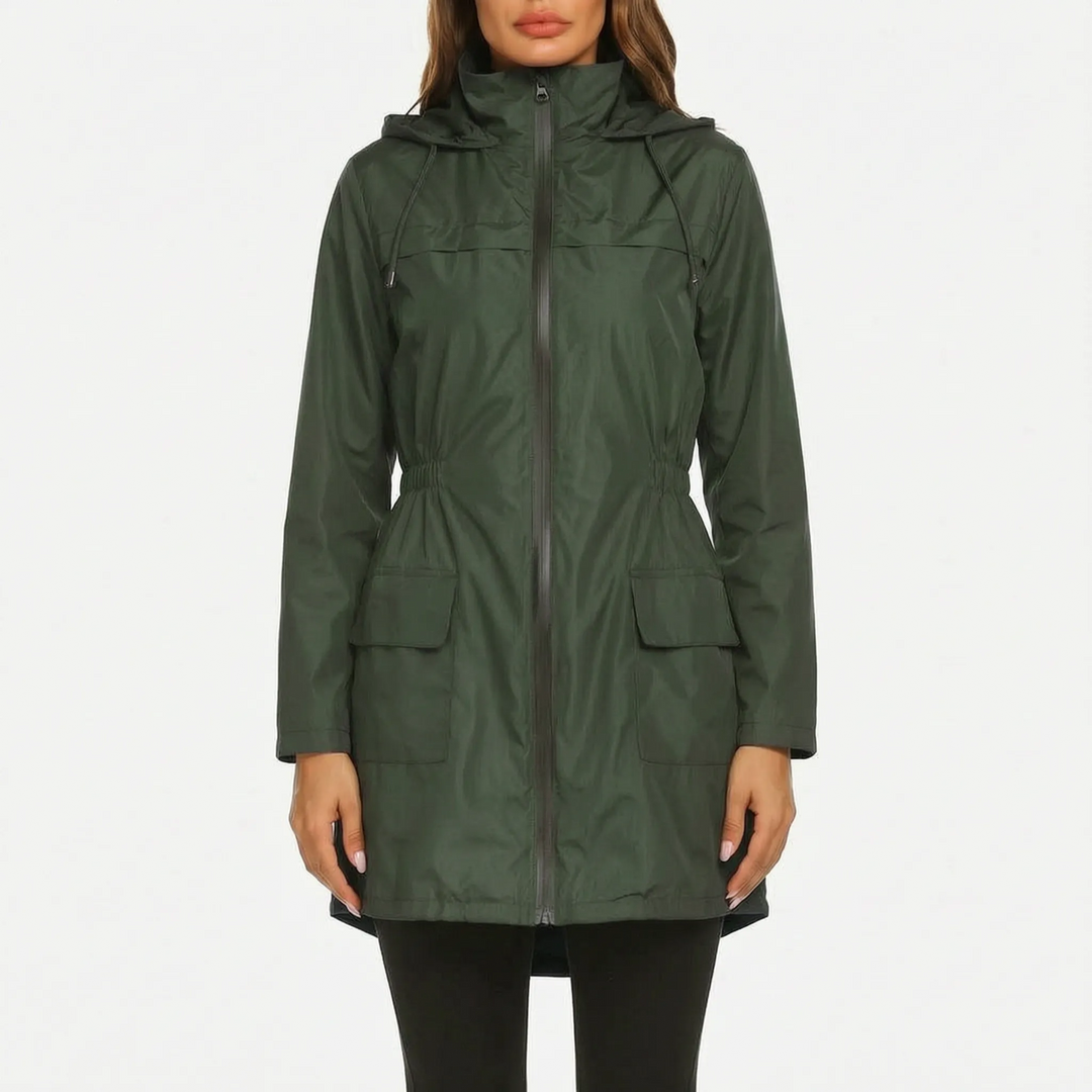 Regenjas dames | Lange jas met capuchon en taillekoord
