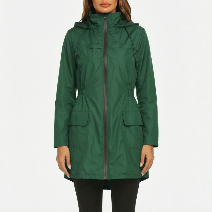 Regenjas dames | Lange jas met capuchon en taillekoord