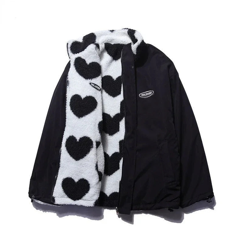 Dames winterjas | Reversible jas met hartenprint