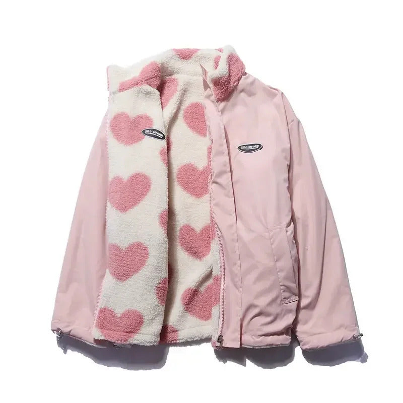 Dames winterjas | Reversible jas met hartenprint