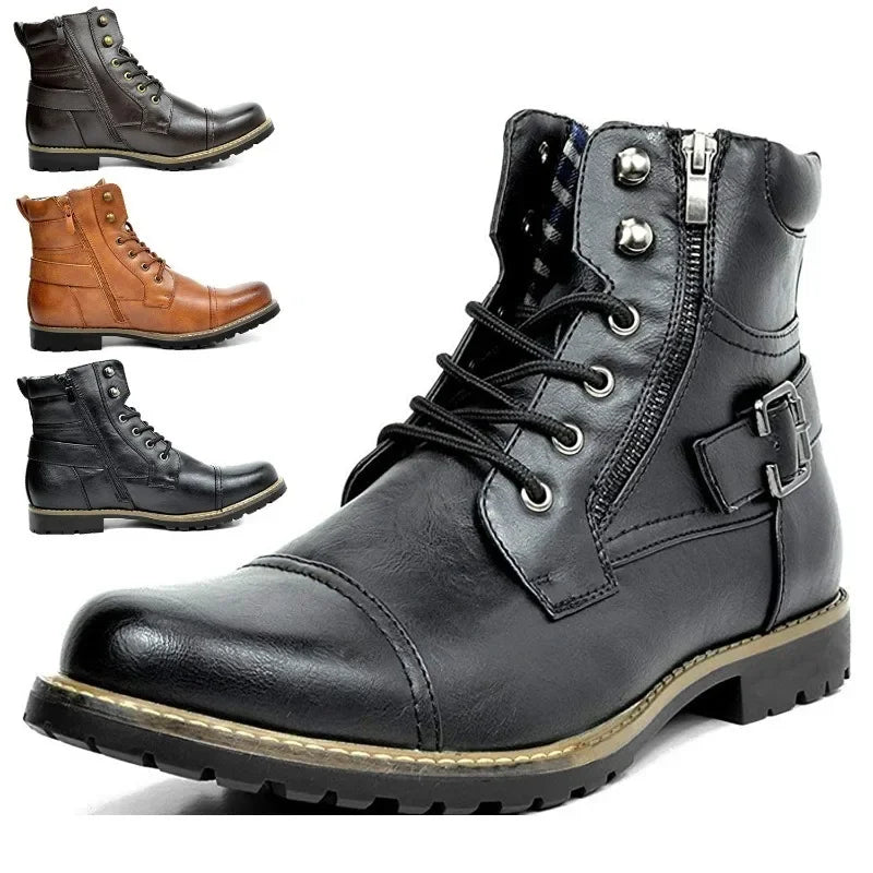 Heren veter boots leer met rits en gesp