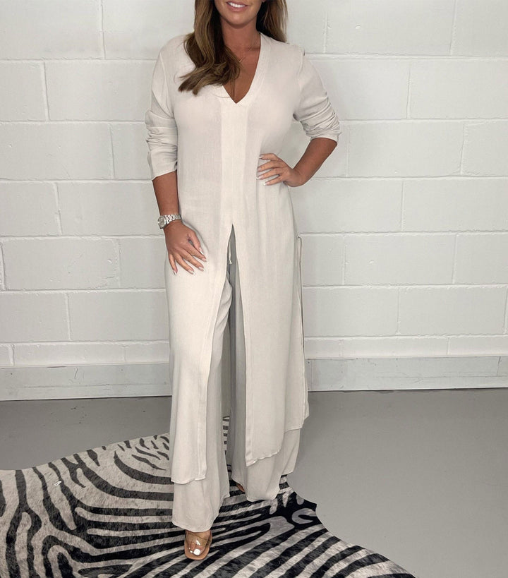 Set dames | Twee delige set met v hals en wijde broek