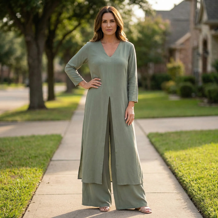 Set dames | Twee delige set met v hals en wijde broek