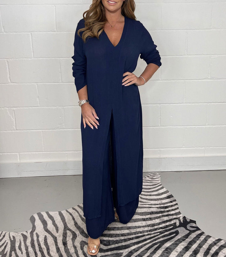 Set dames | Twee delige set met v hals en wijde broek