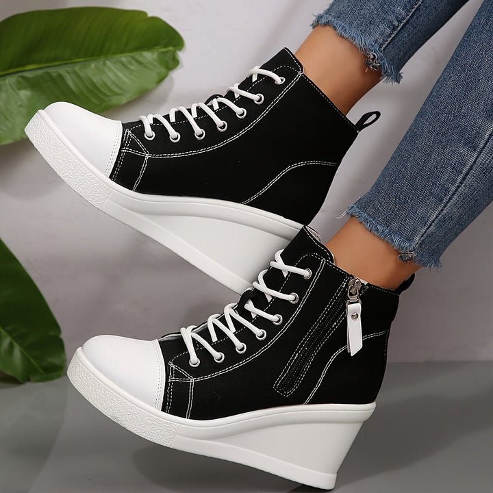 Sneakers dames | Zwart hoog model met sleehak en veters